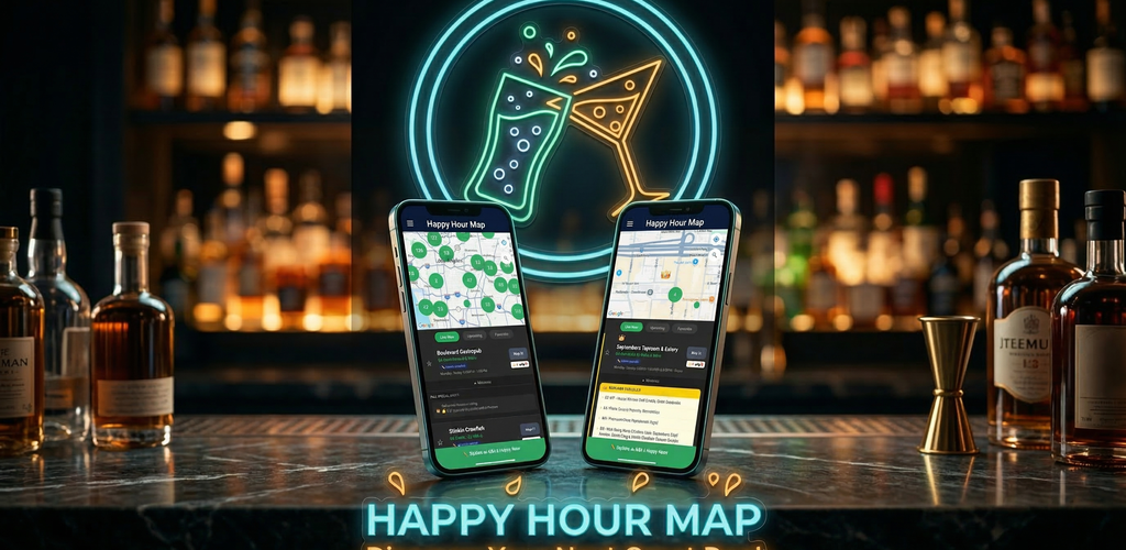 Happy Hour Map app on iPhone showing nearby bars