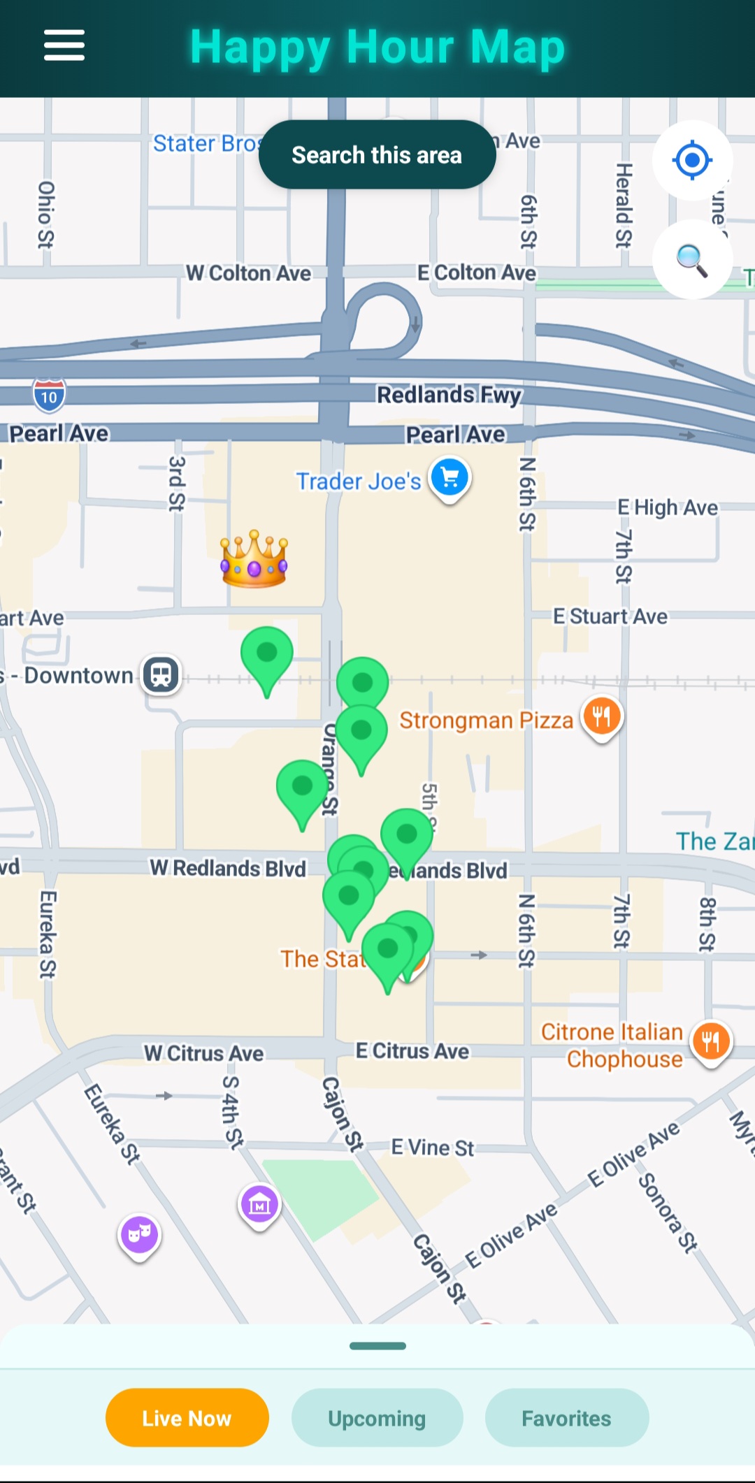 Happy Hour Map — bar details with happy hour menu