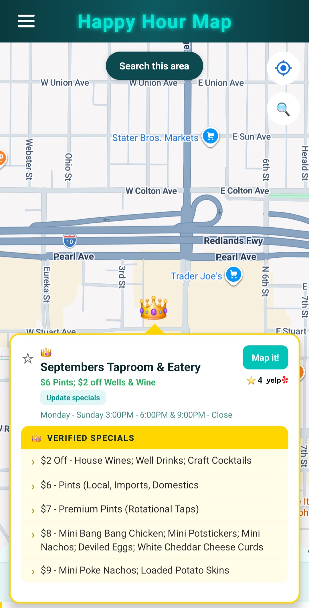 Happy Hour Map — Live Now filter showing active deals
